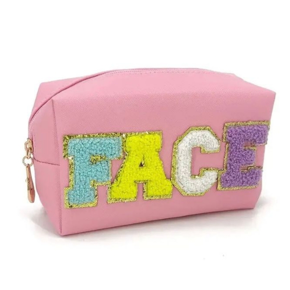 Fashionista Fix Boutique Handbags - Pink "FACE" Cosmetic Makeup Bag, Patch Chenille Letter. Multi-colored